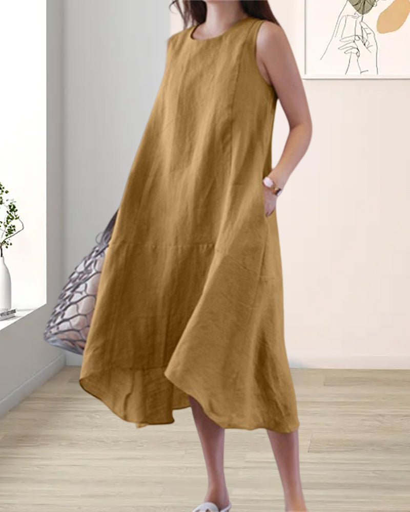 Modefest- Ärmelloses Kleid aus einfarbigem Baumwollleinen