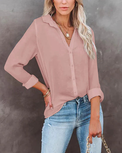 Modefest- Lässige einfarbige Bluse mit Knöpfen Rosa