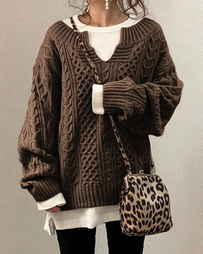 Modefest- Einfarbiger Pullover mit Zopfmuster Braun