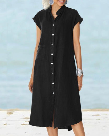 Modefest- Einreihiges Kleid mit Stehkragen und Tasche Schwarz
