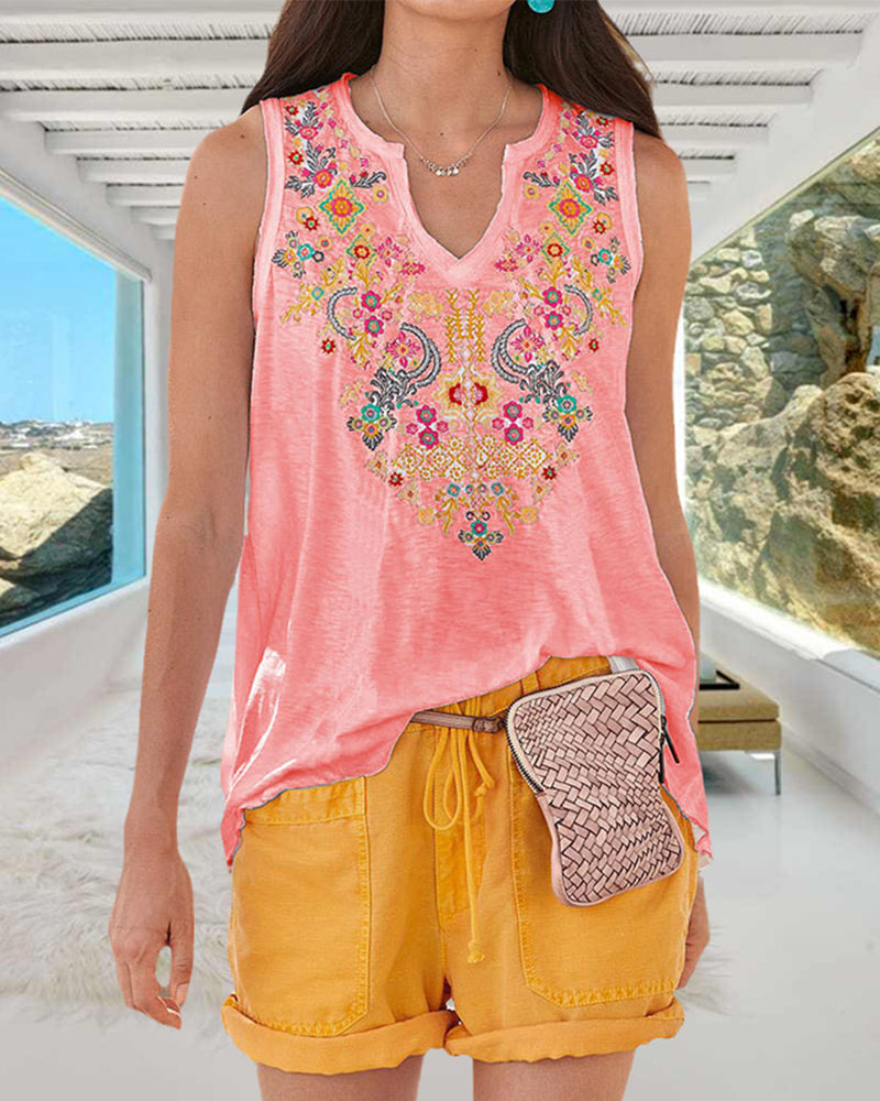 Modefest- Boho-Tanktop mit V-Ausschnitt und Blumendruck