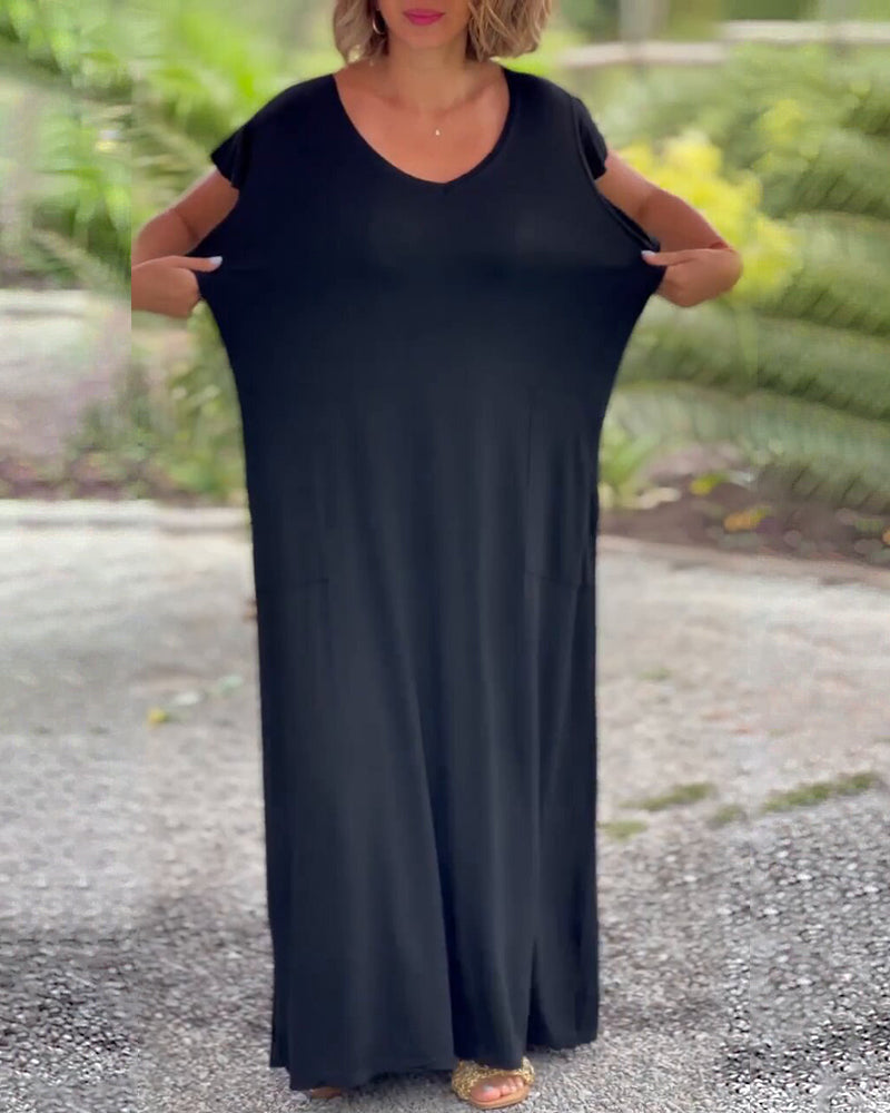Modefest- Langes einfarbiges Kleid mit Tasche und kurzen Ärmeln
