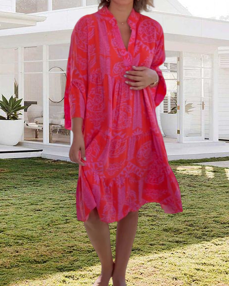 Modefest- Kleid mit 3/4-Ärmeln und geometrischem Boho-Print
