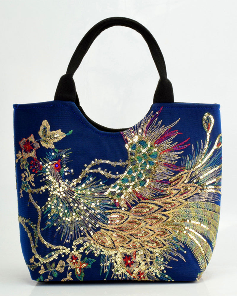 Modefest- Tasche im ethnischen Stil mit Pfau-Stickerei Blau Einfache Tragetasche