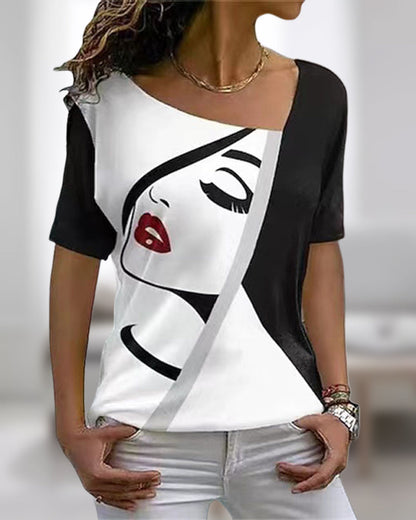 Modefest- Kurzärmliges T-Shirt mit V-Ausschnitt und Gesichtsaufdruck