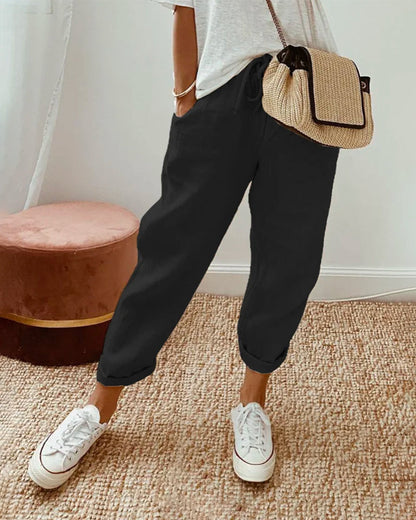 Modefest- Einfarbige Hose aus Baumwollleinen Schwarz