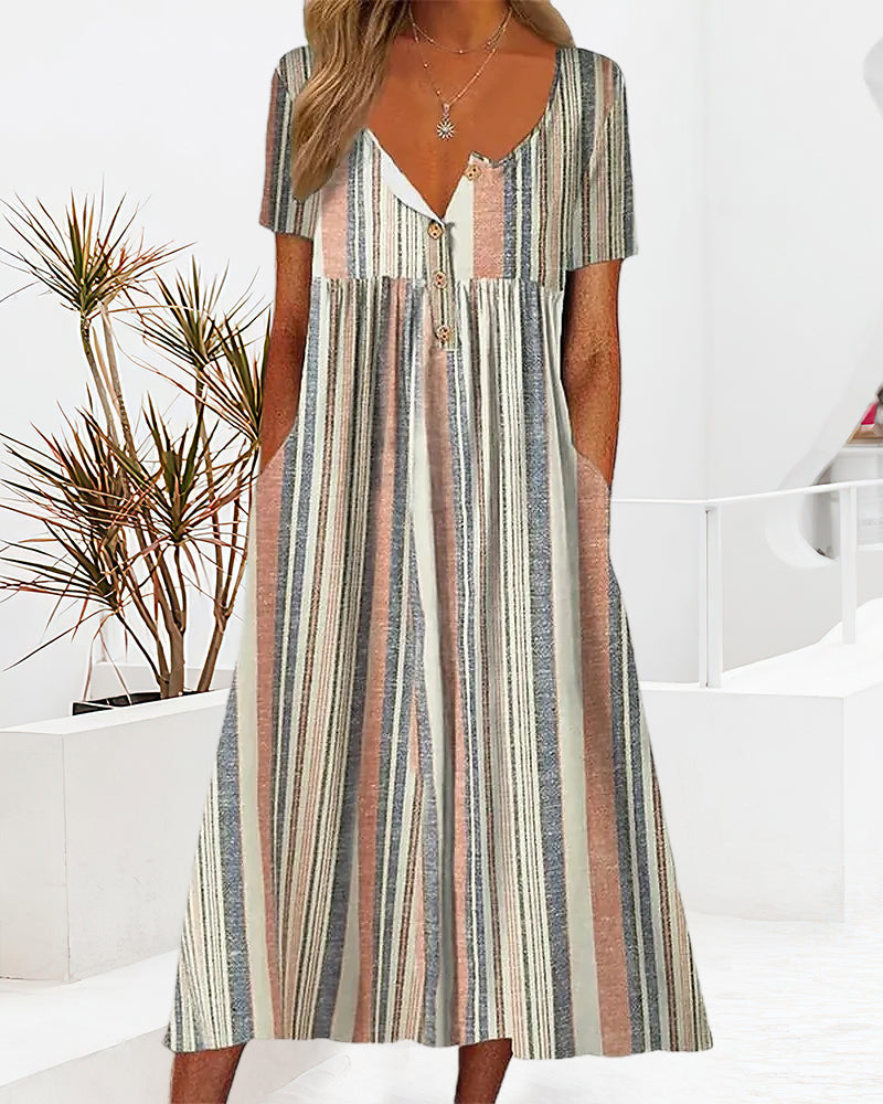 Modefest- Kleid mit gestreiftem Farbblockdruck und Tasche