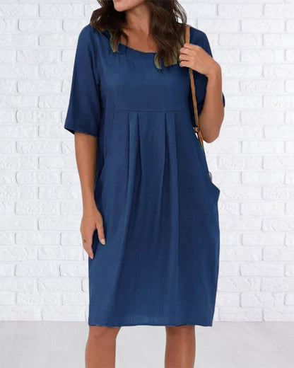 Modefest- Einfarbiges Kleid mit Rundhalsausschnitt und Taschen Blau
