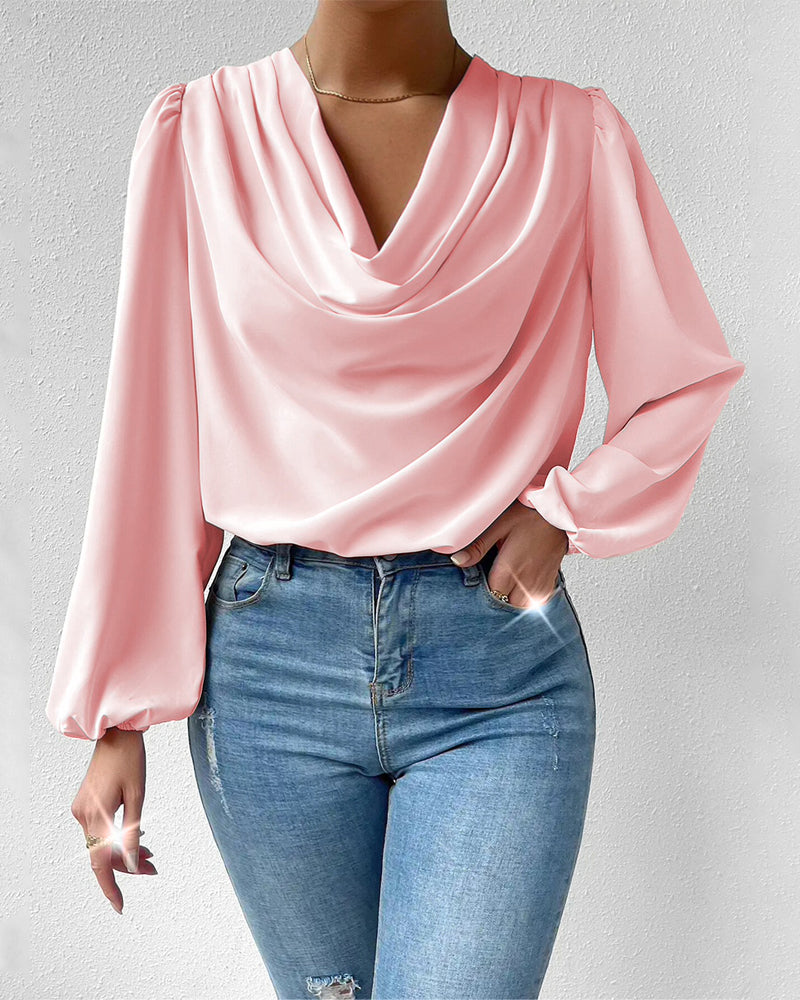 Modefest- Einfarbige Bluse mit Wasserfallausschnitt Rosa