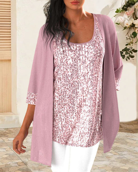 Modefest- Pailletten-Tanktop und Strickjacke Rosa