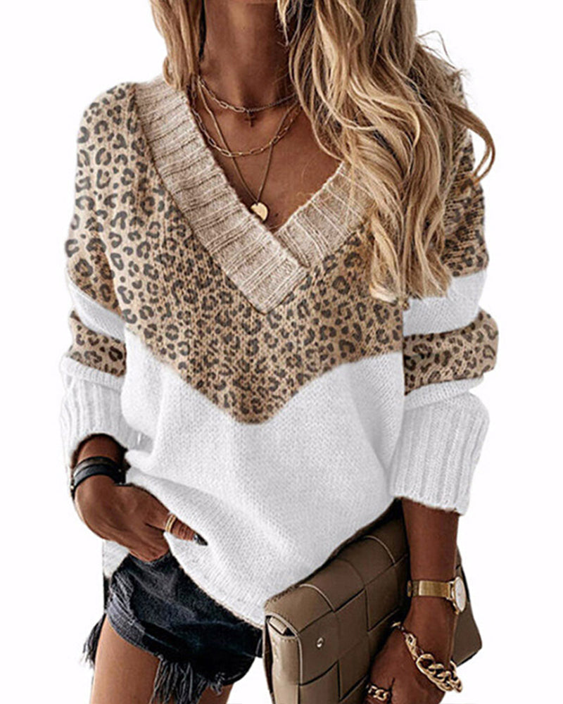 Modefest- Pullover mit Leopardenmuster und V-Ausschnitt Beige