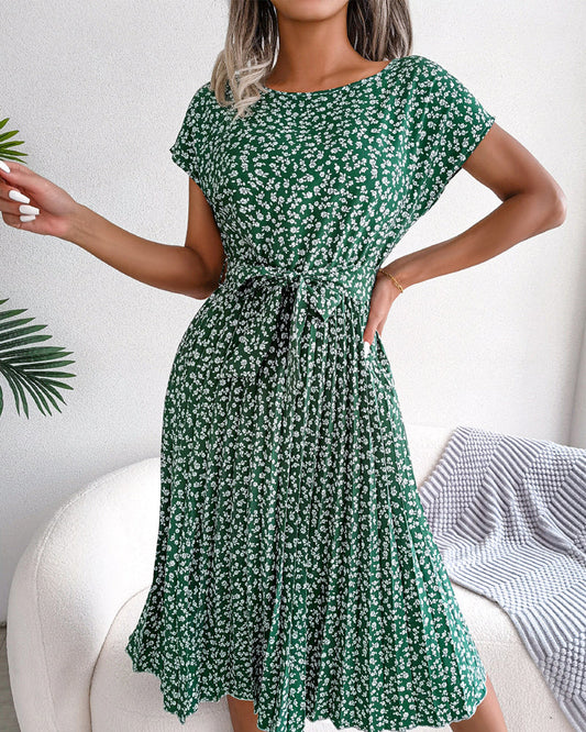Modefest- Bindekleid mit Blumendruck und kurzen Ärmeln Grün