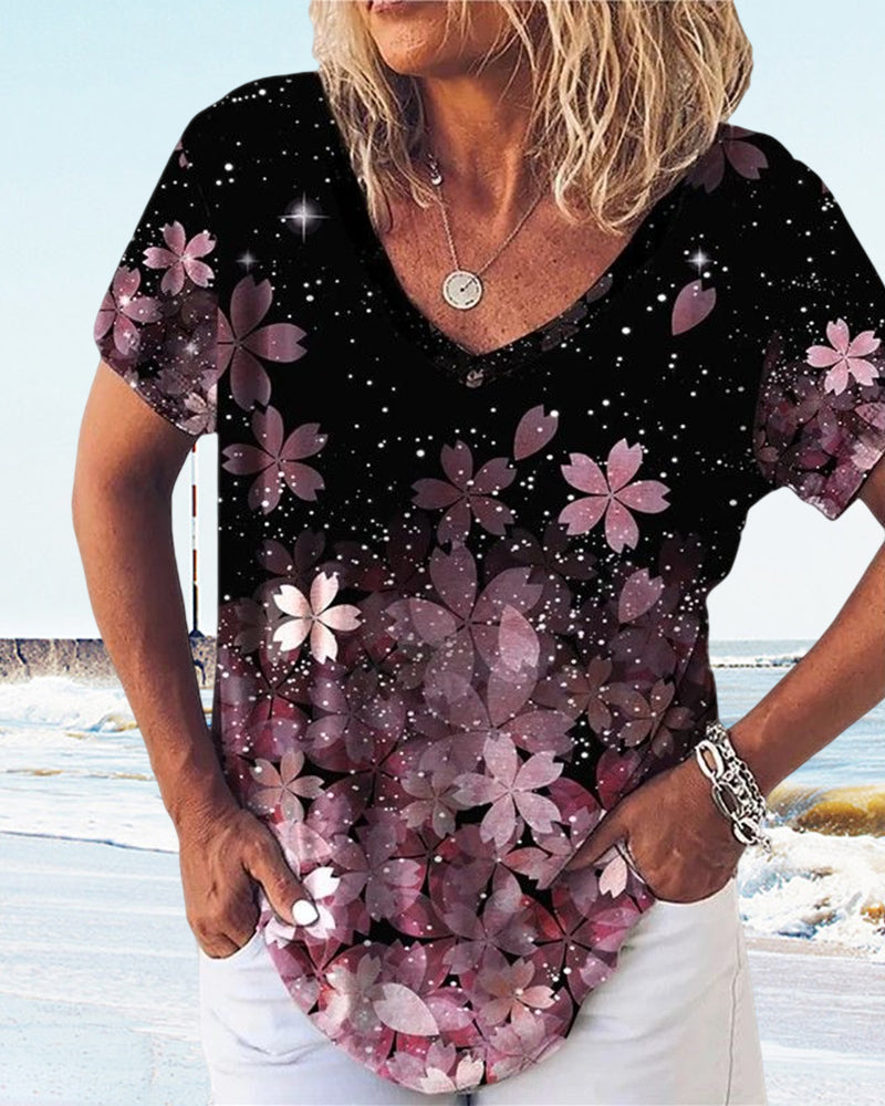 Modefest- T-Shirt mit Blumen- und Karomuster und kurzen Ärmeln