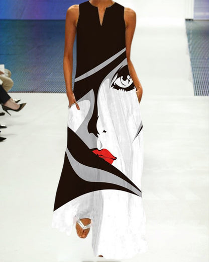 Modefest- Bedrucktes ärmelloses Maxikleid mit Taschen