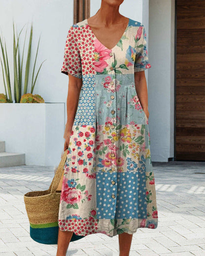 Modefest- Lässiges Patchwork-Kleid mit V-Ausschnitt und bedruckten Knöpfen