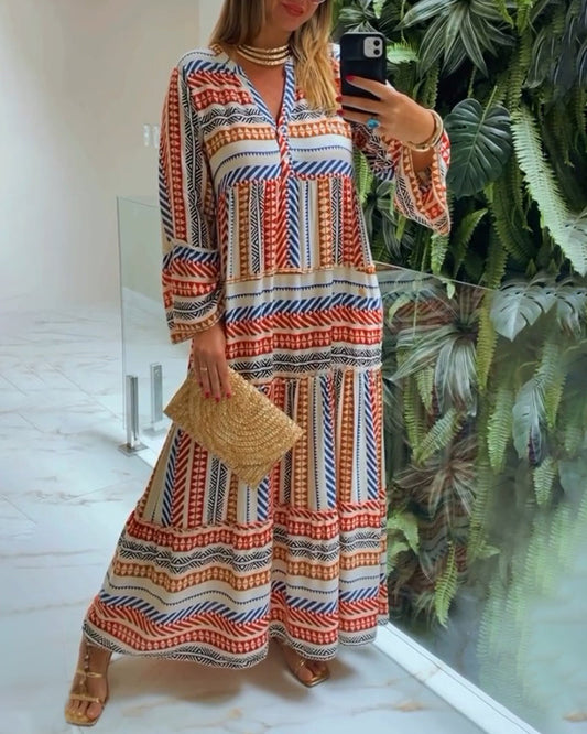 Modefest- Buntes, geometrisch bedrucktes Kleid mit V-Ausschnitt