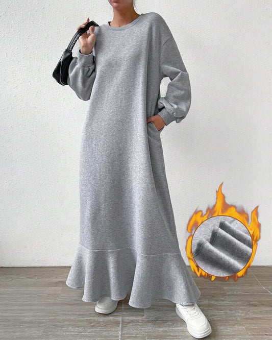 Modefest- Lockeres Kleid mit langen Ärmeln und Taschen Grau