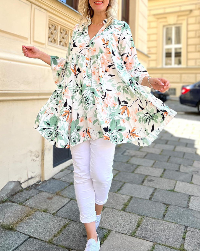 Blouse élégante col V à imprimé fleuri