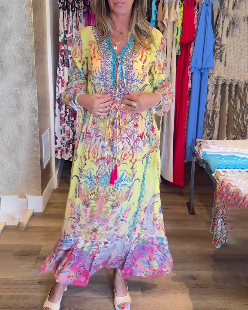 Vestido resort estampado com mangas compridas