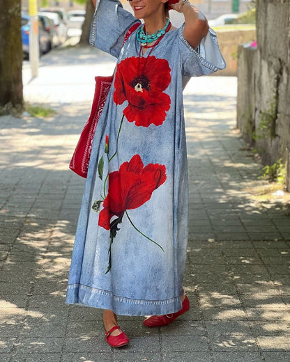 Vestido casual solto com padrão floral e decote em V