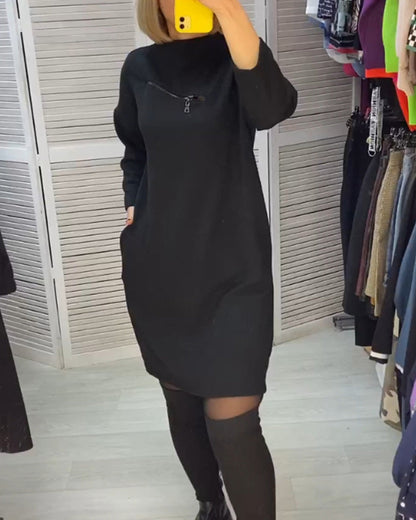 Modefest- Kleid mit einfarbigem Design und Reißverschluss Schwarz