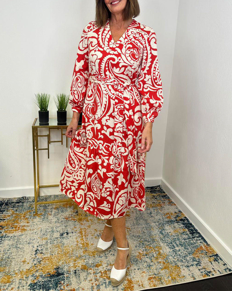 Fashionable printed dress with lantern sleeves and lacing