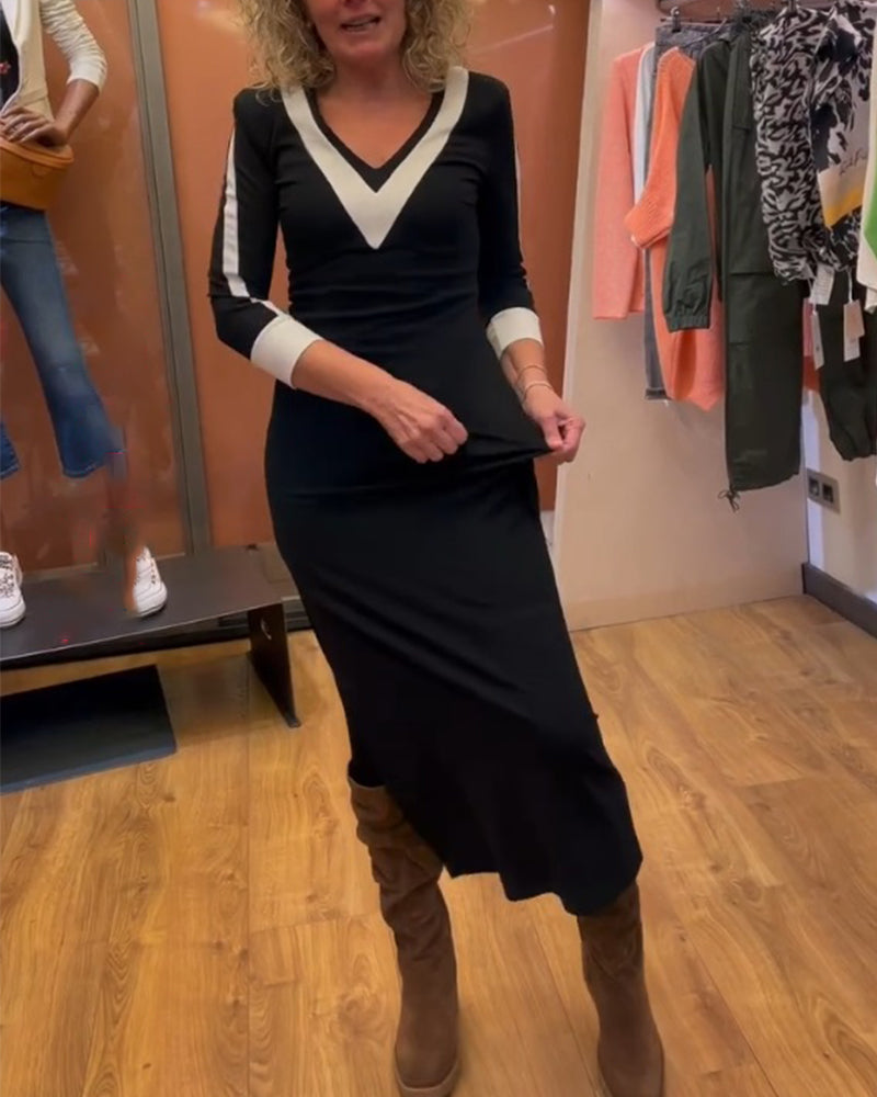 Modefest- Kleid mit V-Ausschnitt und 3/4-Ärmeln Schwarz