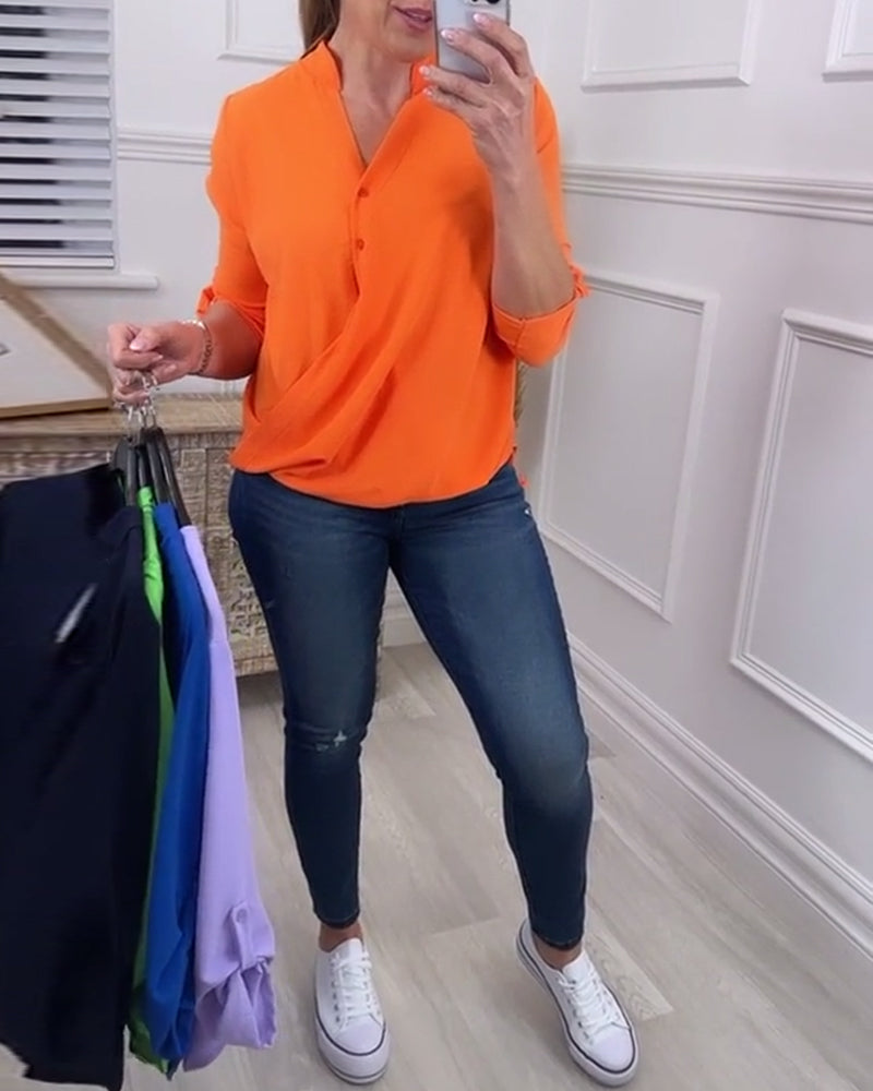 Blouse décontractée de couleur unie avec col en V