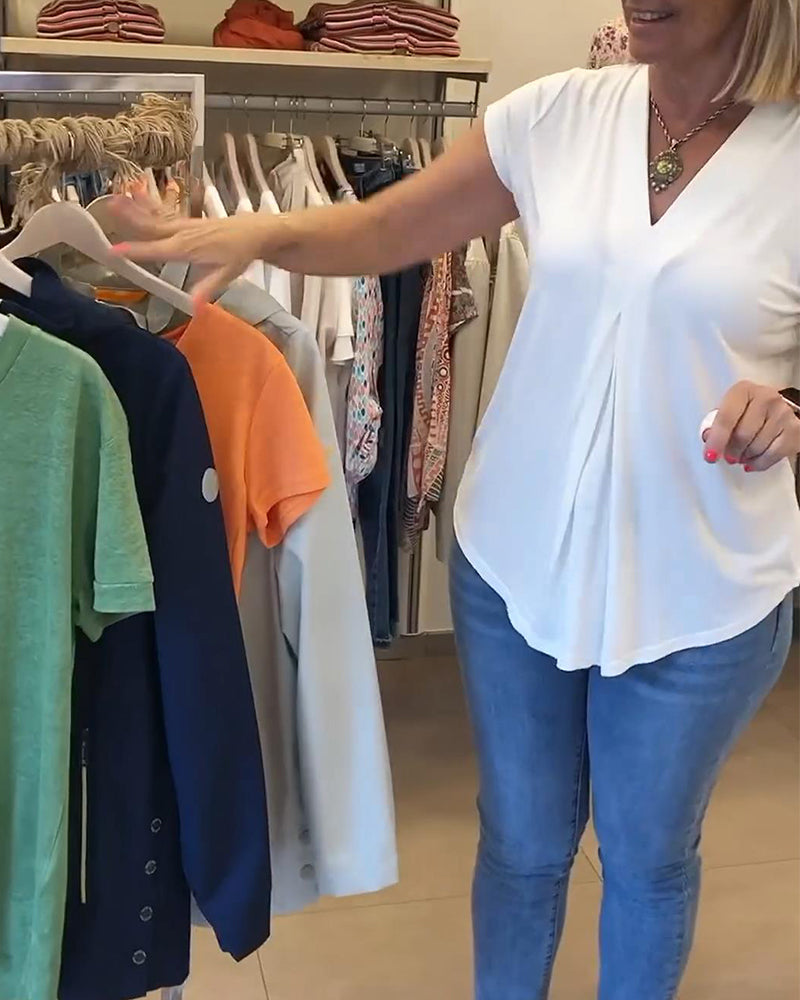 Blouse décontractée à col en V de couleur unie avec plis