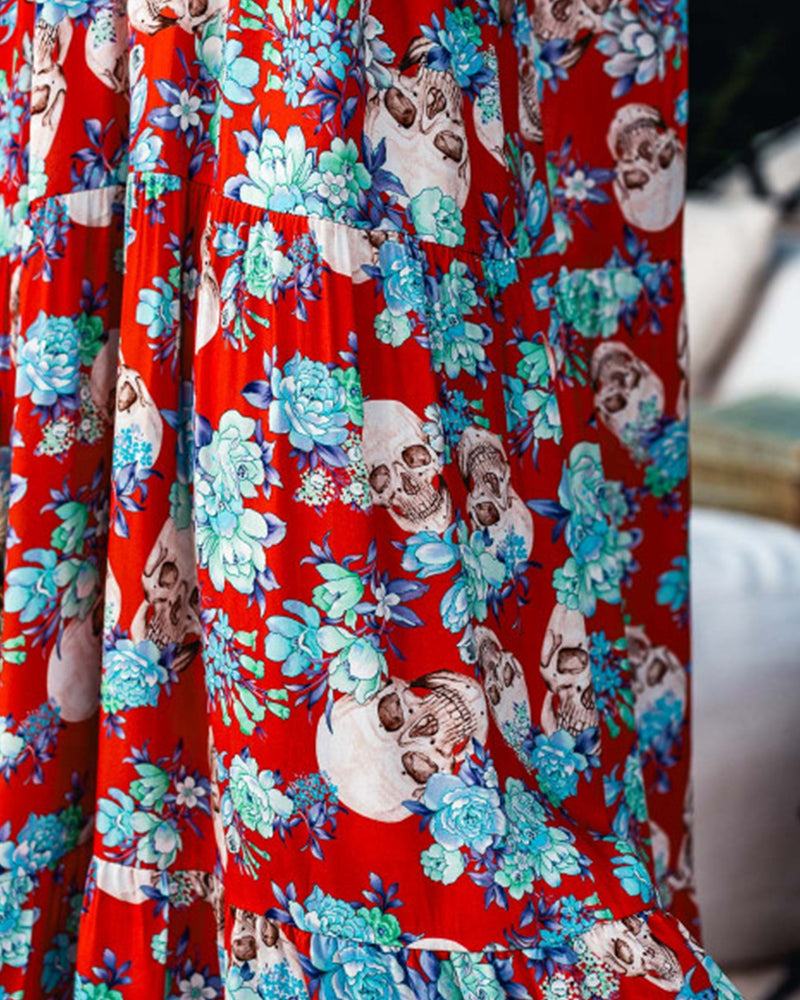 Modefest- Langärmliges urlaubskleid mit floralem totenkopf-print und tiefem v-ausschnitt