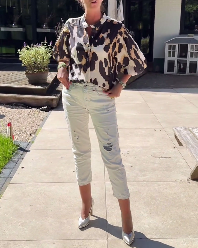 Casual puff sleeve leopard print top