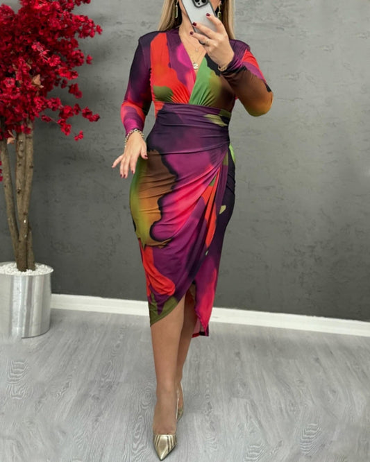 Modefest- Bunt bedrucktes, elegantes Kleid mit V-Ausschnitt