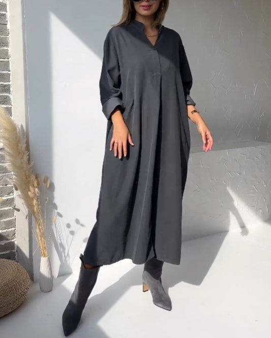 Modefest- Einfarbiges Taschenkleid mit V-Ausschnitt Schwarz