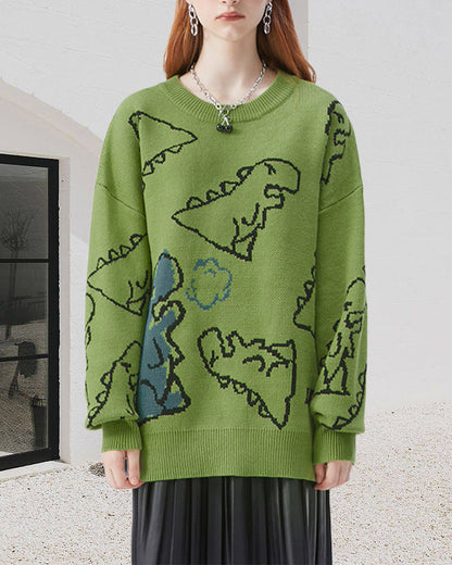 Casual round neck sweater with dinosaur pattern