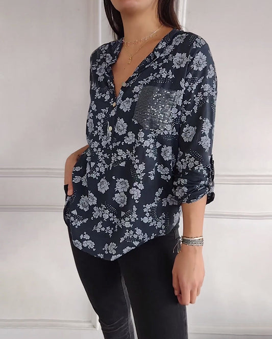 Lässige bluse mit V-ausschnitt und blumenmuster