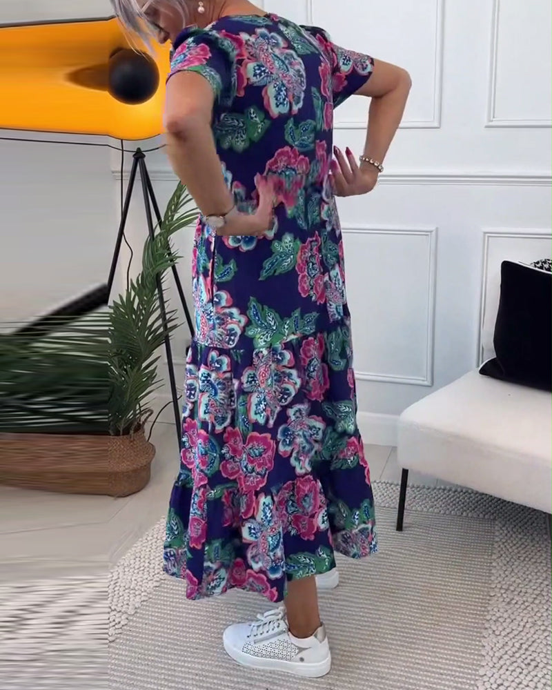 Vestido elegante com estampa floral e mangas bufantes