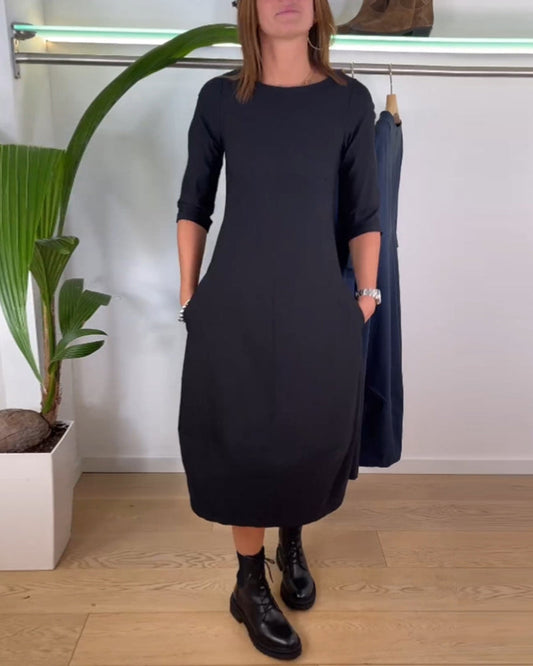 Modefest- Einfaches einfarbiges Kleid mit Taschen Schwarz