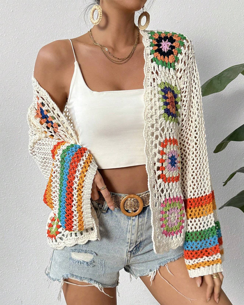 Casual colorful cardigan with hollow sleeves