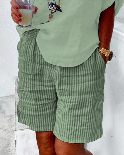 Modefest- Shorts mit Streifendruck aus Baumwolle und Leinen Grün