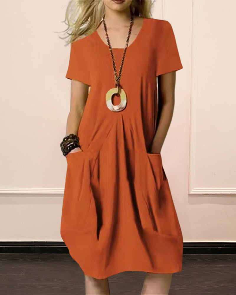 Modefest- Einfarbiges Kleid mit kurzen Ärmeln und Rundhalsausschnitt