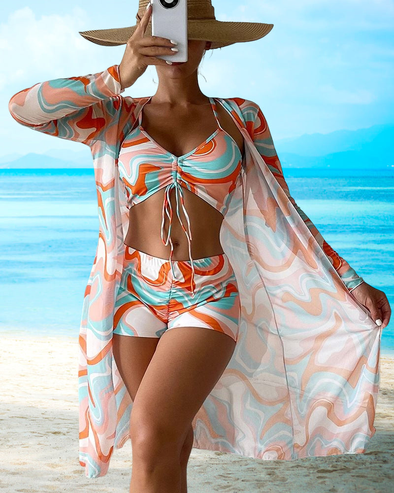 Modefest- Dreiteiliger bedruckter Bikini-Badeanzug Orange
