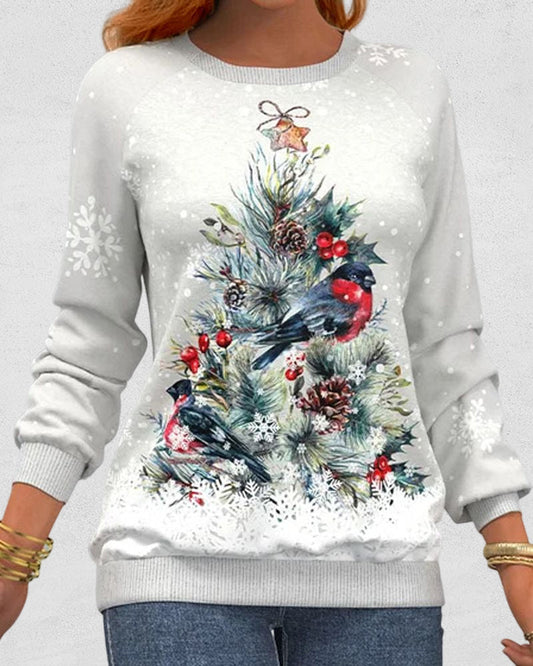 Modefest- Langarm-Sweatshirt mit Weihnachtsbaummuster und Vogel- und Schneeflockendruck Weiß