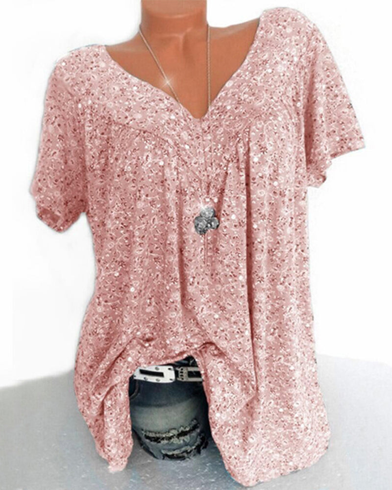 Modefest- Lockeres Kurzarm-T-Shirt mit V-Ausschnitt Rosa