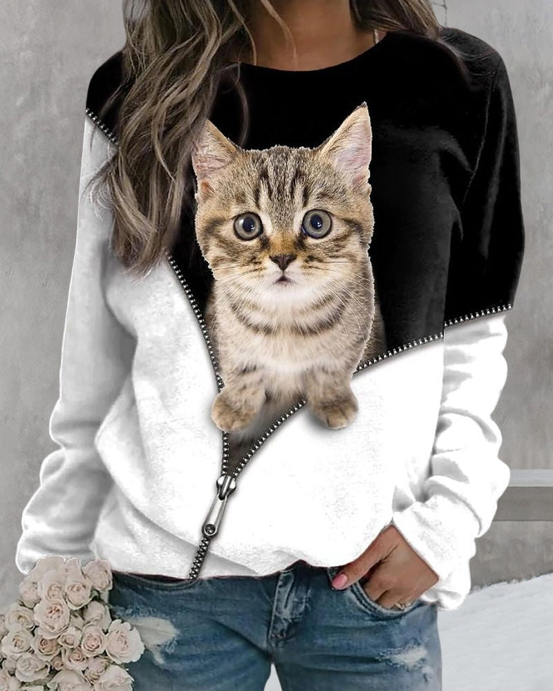Modefest- Langarm-Sweatshirt mit Rundhalsausschnitt und Katzen-Print