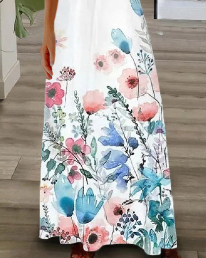 Modefest- Langes Kleid mit Blumendruck und kurzen Ärmeln aus Spitze