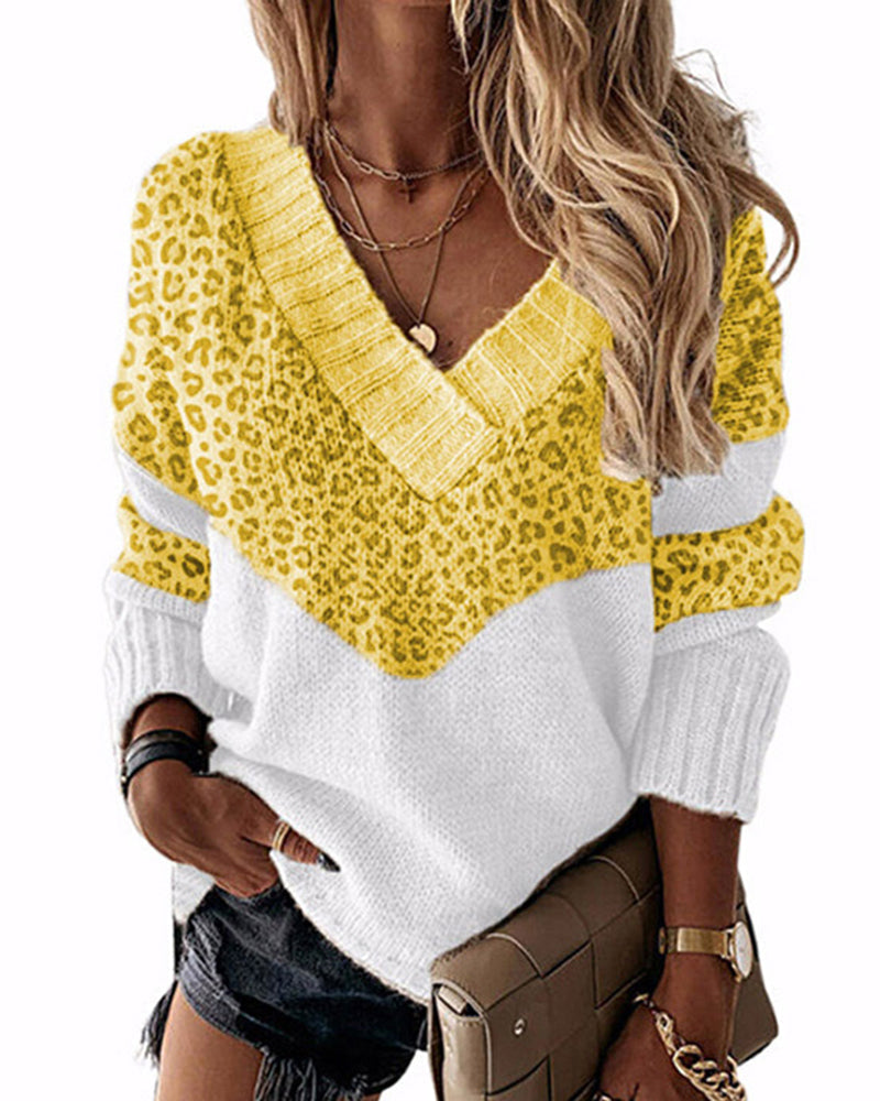 Modefest- Pullover mit Leopardenmuster und V-Ausschnitt Gelb
