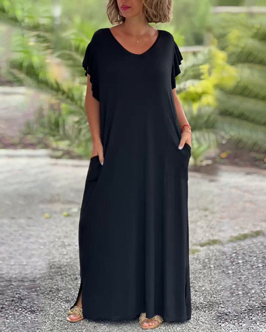 Modefest- Langes einfarbiges Kleid mit Tasche und kurzen Ärmeln Svart