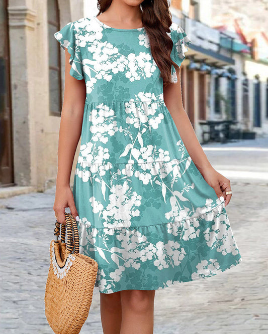 Modefest- Kleid mit Blumendruck und kurzen Ärmeln Grün