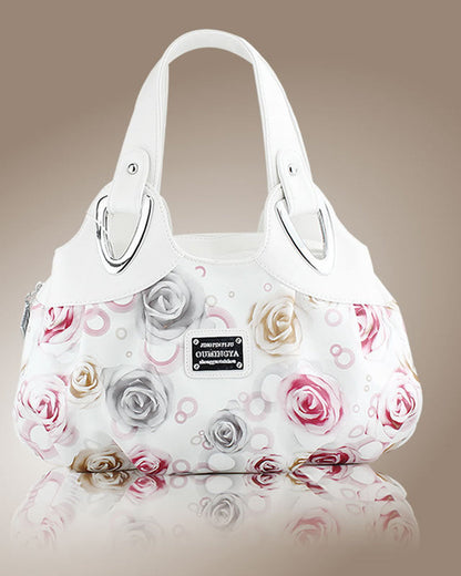 Modefest- Damenhandtasche PU-Leder Bedruckt Großes Fassungsvermögen white and red rose