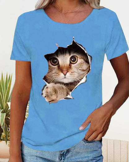 Modefest- T-Shirt mit zerrissenem Katzen-Print